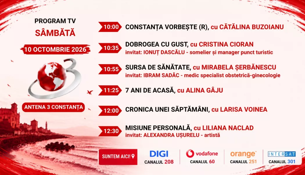 Programul zilei de sâmbătă, 10 octombrie, de la Antena 3 Constanța