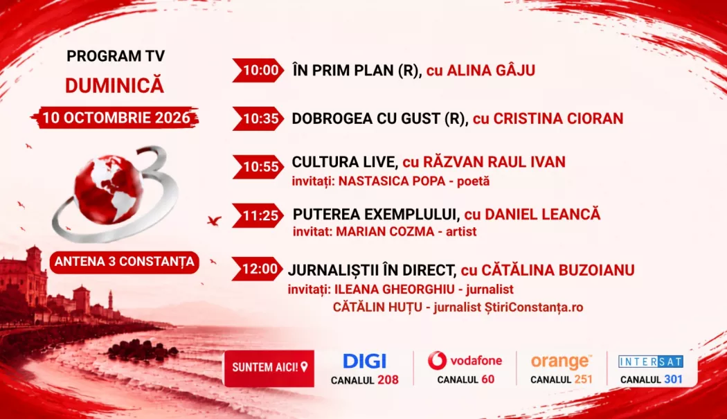 Programul zilei de duminică, 11 octombrie, de la Antena 3 Constanța